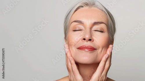 Gorgeous senior older woman with closed eyes touching her perfect skin. Beautiful portrait mid 55s aged woman advertising facial antiage lift products salon care tighten skin isolated on white