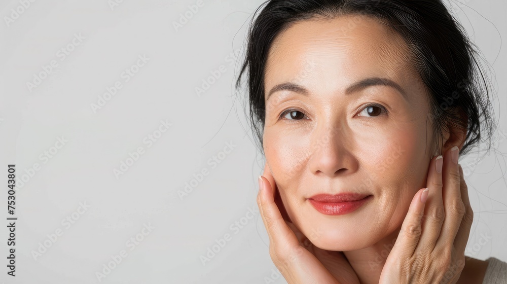Headshot portrait of gorgeous happy middle aged mature asian woman, senior older 55 year lady looking at camera touching her face isolated on white. Ads of lifting anti wrinkle skin care, spa. Headshot portrait of gorgeous happy middle aged mature asian woman, senior older 55 year lady looking at camera touching her face isolated on white. Ads of lifting anti wrinkle skin care, spa.