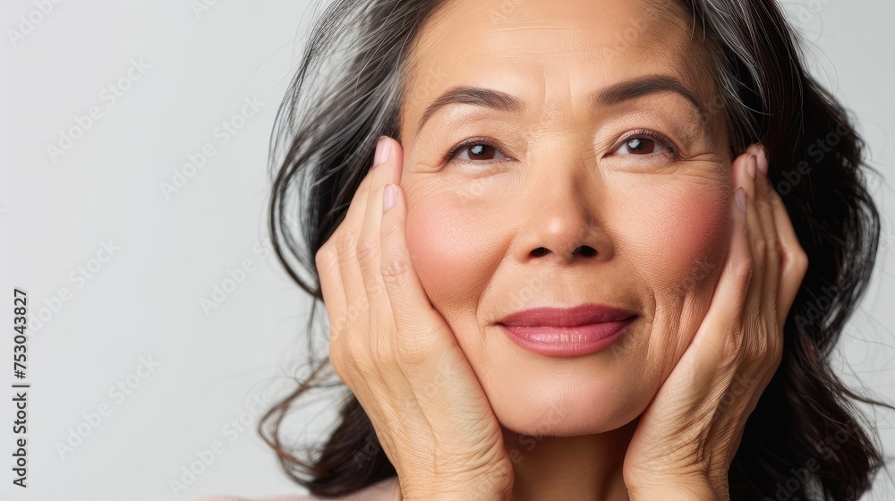 Headshot portrait of gorgeous happy middle aged mature asian woman, senior older 55 year lady looking at camera touching her face isolated on white. Ads of lifting anti wrinkle skin care, spa. Headshot portrait of gorgeous happy middle aged mature asian woman, senior older 55 year lady looking at camera touching her face isolated on white. Ads of lifting anti wrinkle skin care, spa.