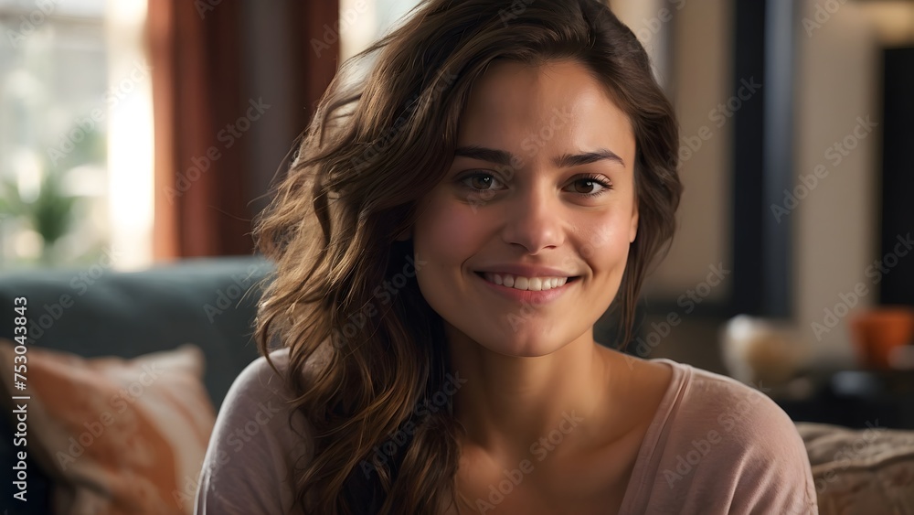 Cheerful girl sitting in cozy living room Cheerful girl sitting in cozy living room