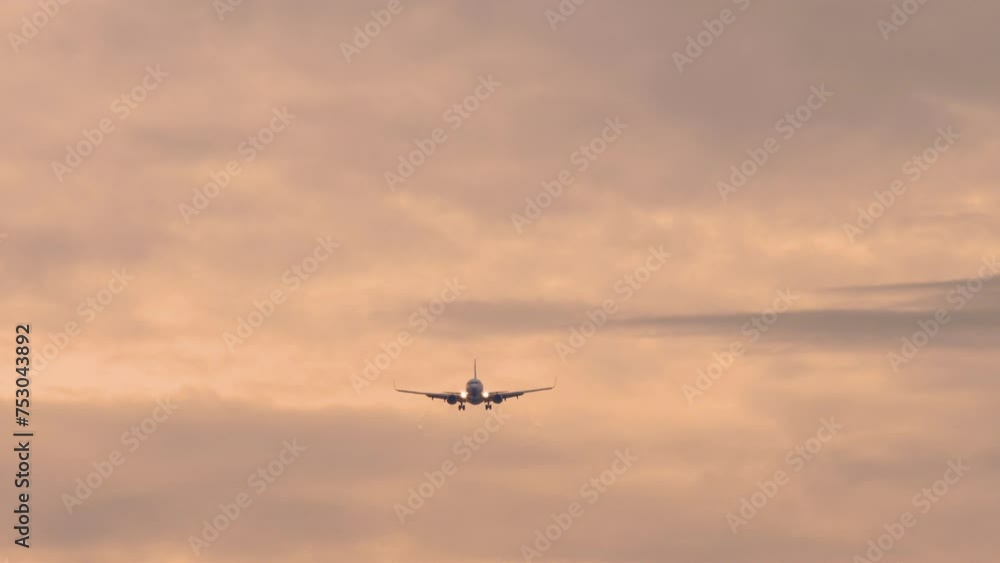 Jet plane approaching landing. Passenger airliner flies in the cloudy sunset sky, front view, long shot. Cinematic footage of aviation. Background crimson sky Jet plane approaching landing. Passenger airliner flies in the cloudy sunset sky, front view, long shot. Cinematic footage of aviation. Background crimson sky