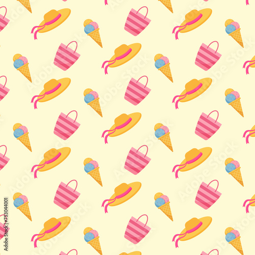 Summer pattern. Cute beach bag, capes and ice cream. Vector illustration
