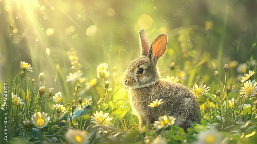 Rabbits. Beauty Art Design of Cute Little Easter Bunny in the Meadow. Spring Flowers and Green Grass. Bunnies. Sunbeams Rabbits. Beauty Art Design of Cute Little Easter Bunny in the Meadow. Spring Flowers and Green Grass. Bunnies. Sunbeams