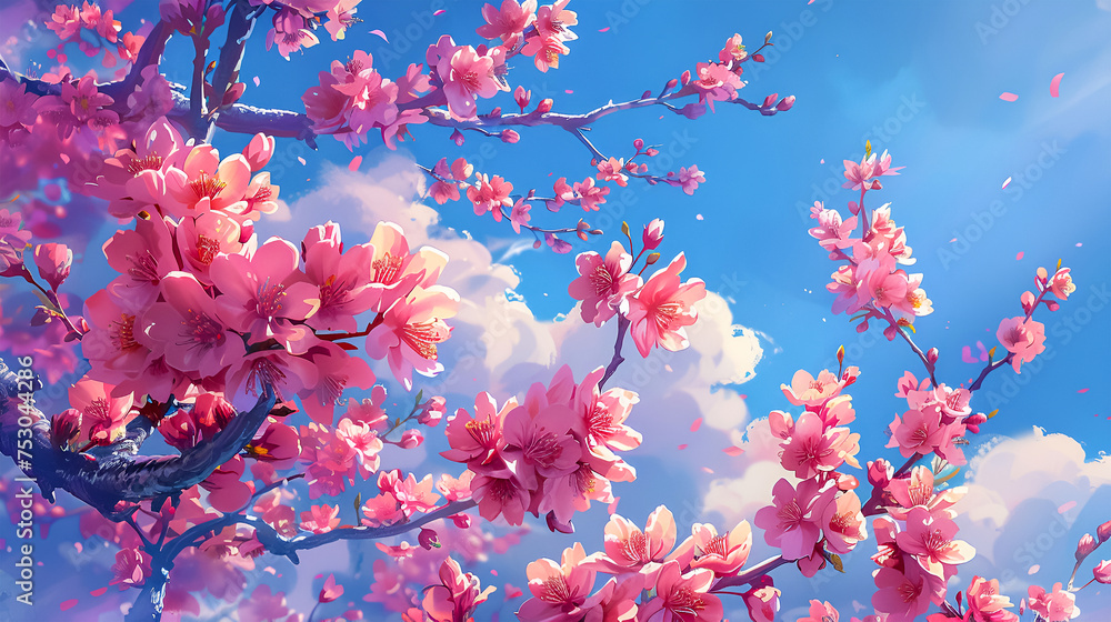 Branches of a beautiful flowering peach tree against a background of blue sky and clouds. A symbol of spring, a living planet and environmental protection Branches of a beautiful flowering peach tree against a background of blue sky and clouds. A symbol of spring, a living planet and environmental protection
