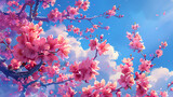 Branches of a beautiful flowering peach tree against a background of blue sky and clouds. A symbol of spring, a living planet and environmental protection