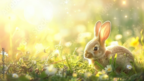Rabbits. Beauty Art Design of Cute Little Easter Bunny in the Meadow. Spring Flowers and Green Grass. Bunnies. Sunbeams
