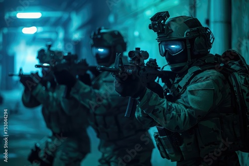 Special forces team conducting a night operation at a high-security facility. Equipped with night vision goggles and silenced weapons, they move stealthily through the darkness on a covert mission