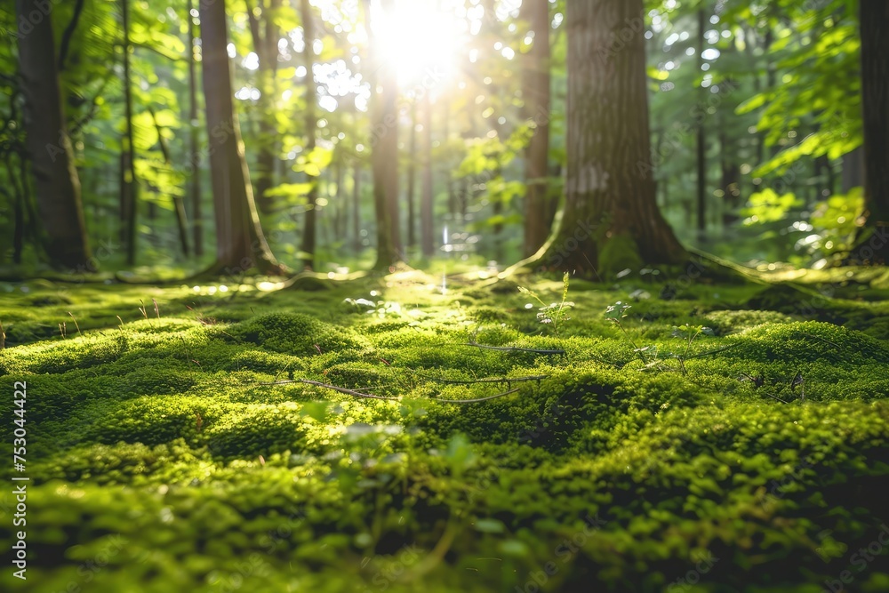 Peaceful forest scene with sunlight filtering through lush greenery, casting soft shadows on mossy woodland floor. Ethereal and enchanting, a serene and magical landscape