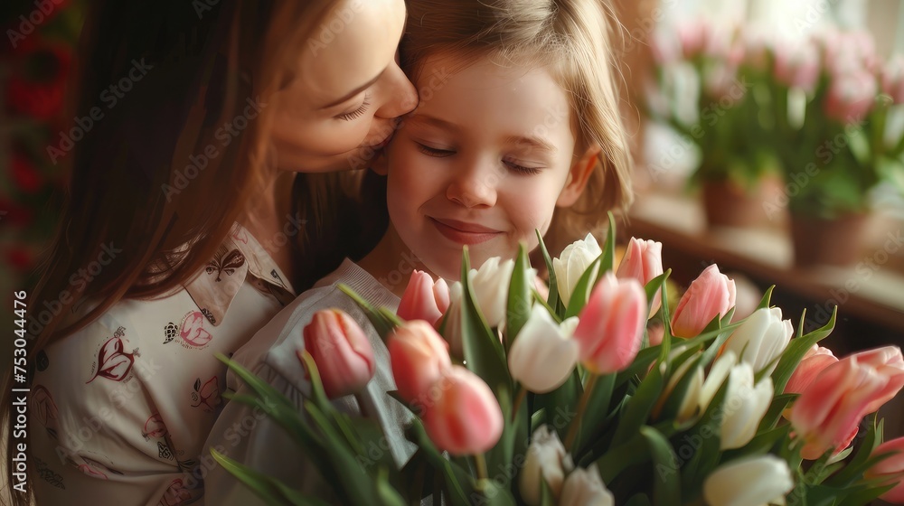 tender son kisses the happy mother and gives her a bouquet of tulips, congratulating her on mother's day during holiday celebration at home