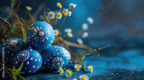 Tender dark blue Easter decoration, painted Easter eggs. Copy space, Ester holiday postcard concept photo