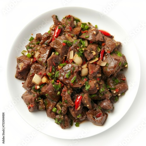 Sambal Goreng Ati: Spicy stir-fried liver cooked with chili, garlic, shallots, and various spices, a popular dish in Indonesian cuisine. photo on white isolated background