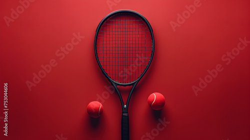 Black tennis racket with tennis ball on red background, Generative Ai © najmah