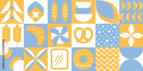 Baking and dessert in trendy geometric style - seamless pattern with icons related to bakery, cafe, cupcakes and logo design templates. Bauhaus pattern abstract geometric.