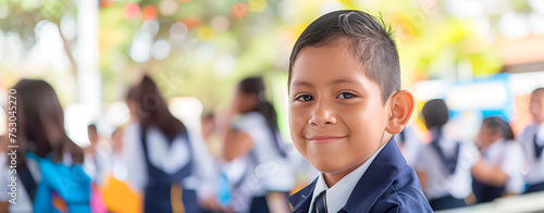 A Latino boy in uniform at school. Space for text