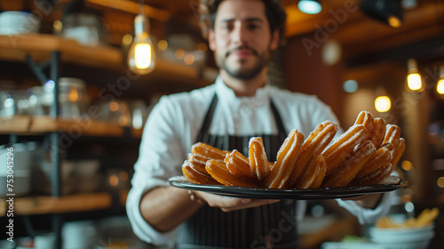 a Spanish Cuisine, Churros con Chocolate, Waiter serving in motion on duty in restaurant. The waiter carries dishes