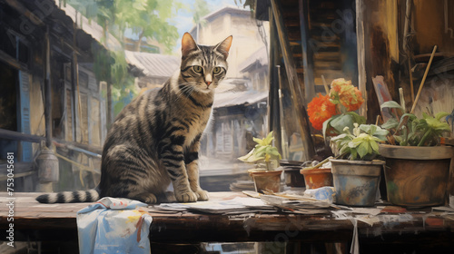 Thai cat with drawing style impressionist painting photo