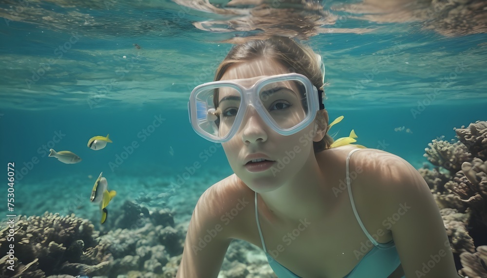 Fototapeta premium Young woman snorkeling with fishes at coral reef
