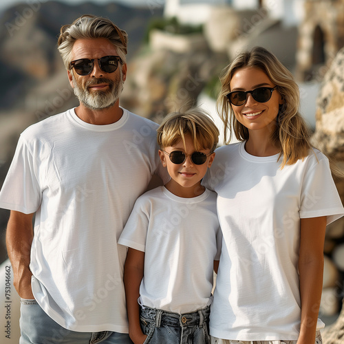 dad and mam and kid wearing blank white tshirt
Smiling family, young mother, father and little daughter relaxing together