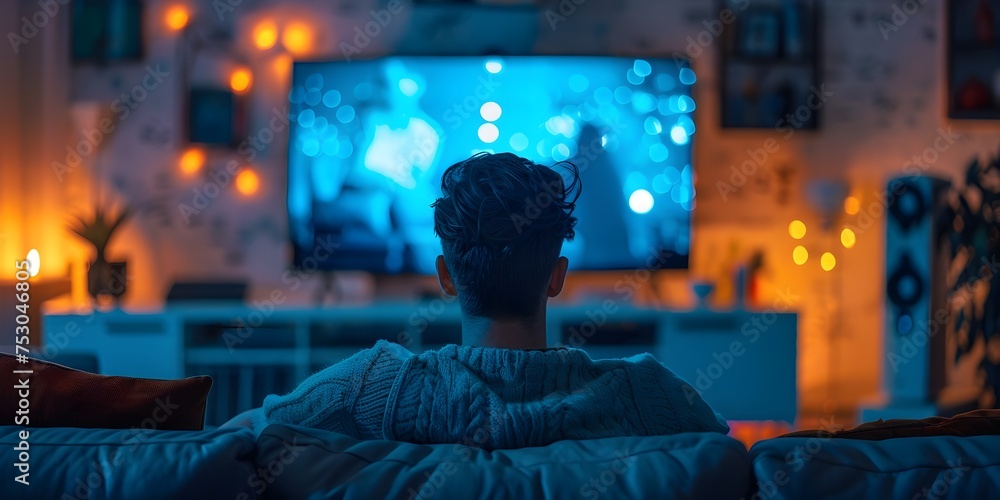 Man Relaxing with Television in Modern Home, To show a man enjoying his leisure time at home in front of the television, highlighting the importance Man Relaxing with Television in Modern Home, To show a man enjoying his leisure time at home in front of the television, highlighting the importance