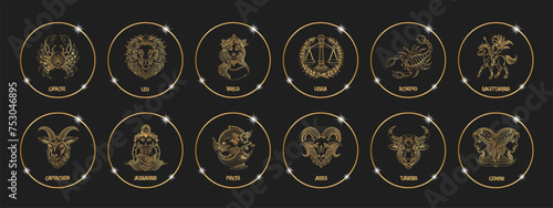 Set of astrology zodiac signs, mystical round icons. Gold outline design. Esoteric symbols for logo or icons. Vector photo