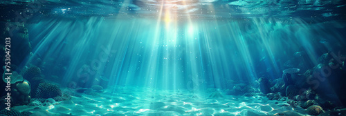 underwater scene with rays of light and sun, Underwater blue sea water with sunlight background landscape, banner