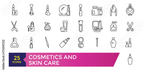 Cosmetics and skin care icon set. Moisture cream, acid, anti wrinkle serum, sunscreen Outline signs for skincare products.
