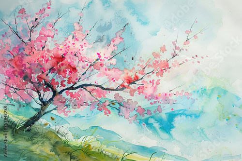 Watercolor Whimsy: Vibrant Cherry Blossoms in Artistic Bloom