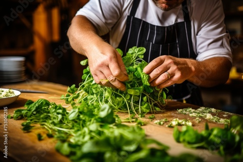 Dynamic plating. chef skillfully arranging microgreens for contrast and brightness