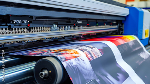 Professional large format printing machine creating vibrant posters in a printing shop photo