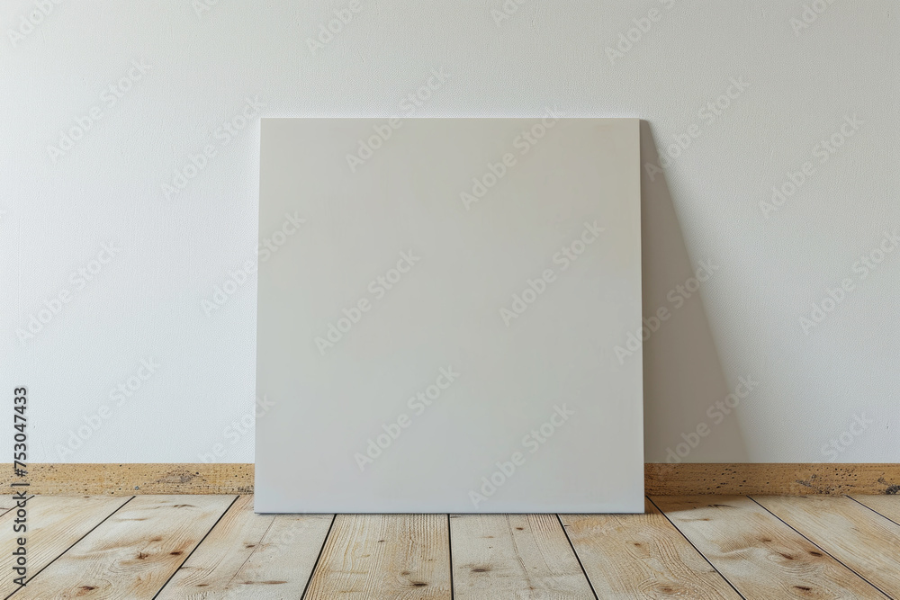Blank canvas on a wooden floor against a white wall, artistic mockup Blank canvas on a wooden floor against a white wall, artistic mockup