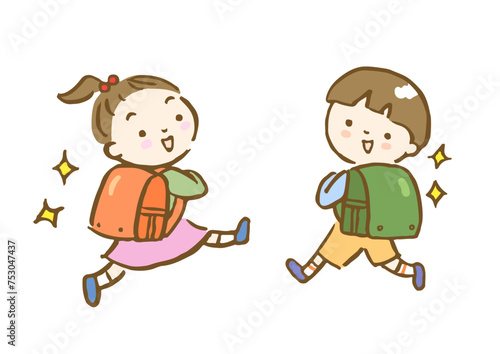 ピカピカのランドセルを背負った元気な小学1年生男女の手描きイラスト