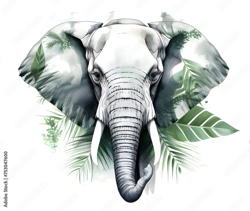 Drawing of an african elephant portrait. Stylized illustration of an elephant head.	