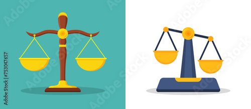 Justice libra or scale in a flat design. Set of scales icons. Libra isolated on white background. Set of different scales in a flat style on white background