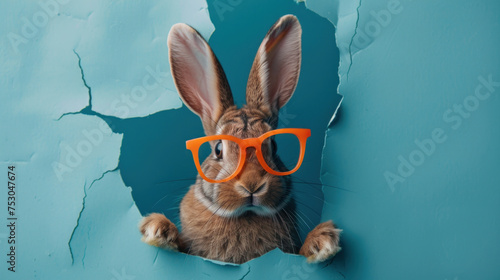 A humorous image of an adorable bunny wearing pink glasses, popping its head through a teared pink paper wall.