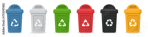 Garbage bins containers in a flat design with recycle symbols. Plastic containers for garbage of different types. Trash cans collection