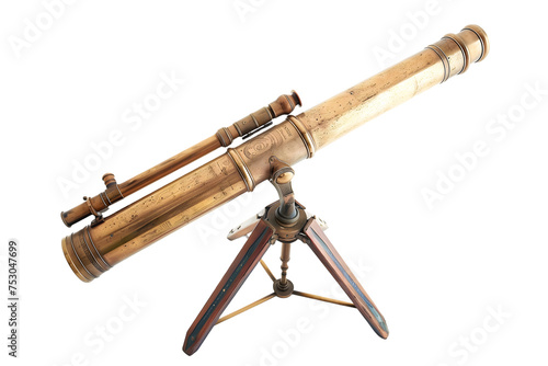 Vintage Brass Telescope on Wooden Tripod - Isolated on White Transparent Background 