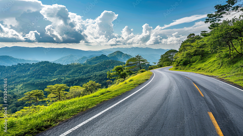 Naklejka premium Asphalt highway road and mountain nature landscape under blue sky.