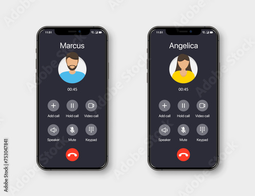 Smartphone call app interface template with man and woman user icon with shadow on a gray background