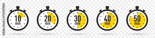 Timer icons with shadow on a transparent background. Stopwatch icons collection in a flat design. Vector illustration
