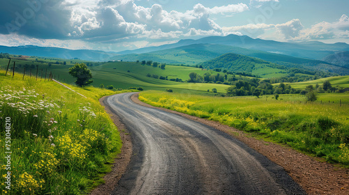 Country road and green meadow with mountain nature landscape in summer.