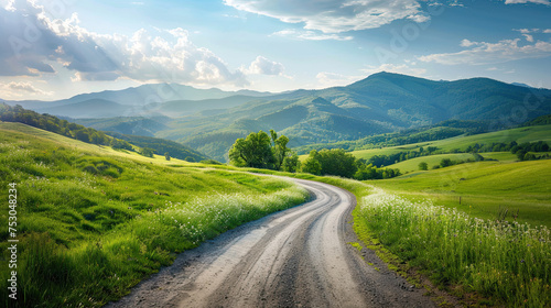 Country road and green meadow with mountain nature landscape in summer.