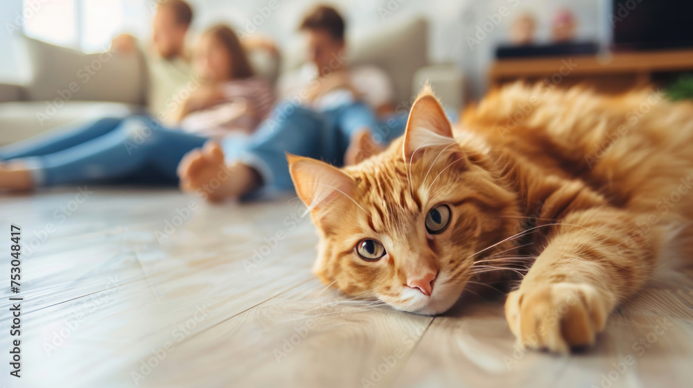 Cute pet lying on the floor of on background of family of four having rest at home.
