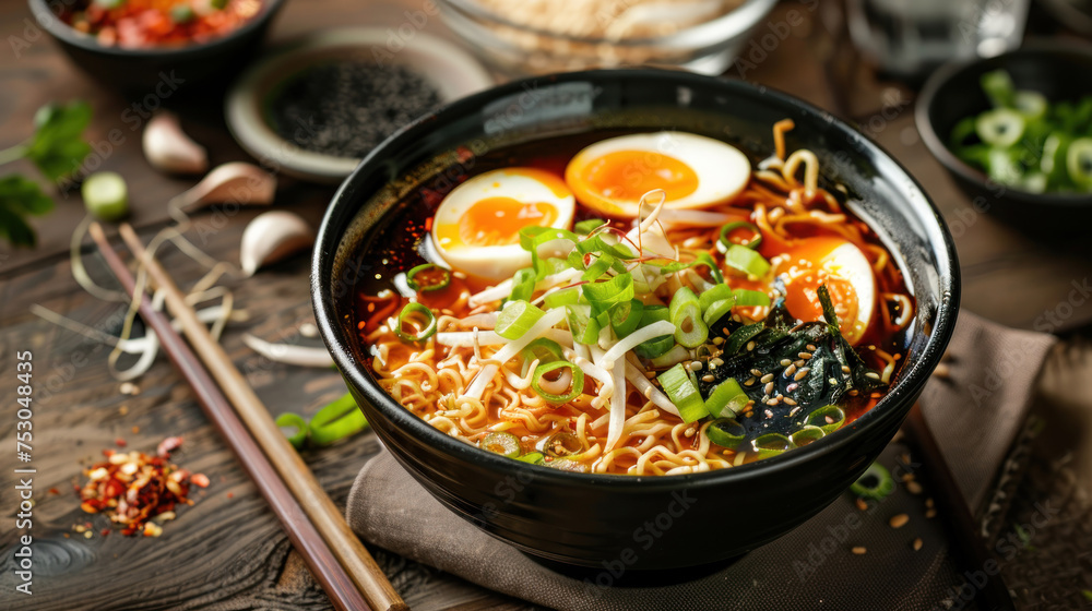 Delicious vegetarian ramen served on wooden table. Noodle soup.