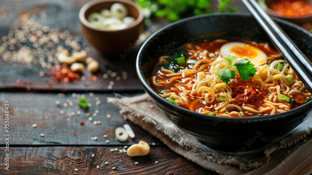 Delicious vegetarian ramen served on wooden table. Noodle soup. Delicious vegetarian ramen served on wooden table. Noodle soup.