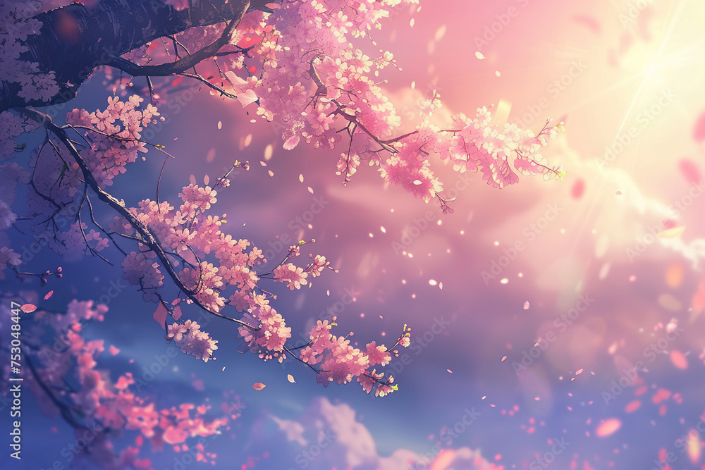 Sakura Dreamscape: Ethereal Pink Blossoms Floating on a Heavenly Sunset