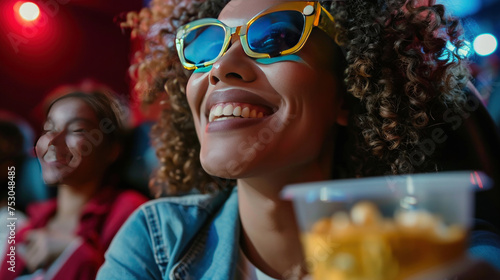 Generative AI picture of happy smiling person enjoying a movie and entertainment.