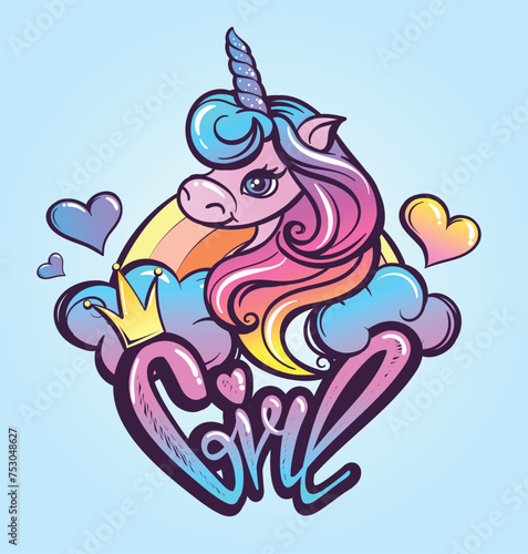 Unicorn gradient illustration with rainbow  clouds  crown  heart  bow and graffiti text Girl. Cartoon pony with horn.