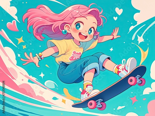 cute girl with pink hair skateboarding