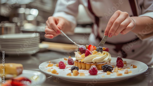 Pastry chef is completing a dessert in a hotel or restaurant kitchen. © Santy Hong