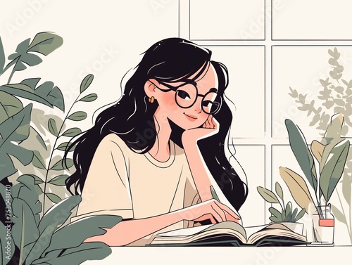 cartoon smart girl in a beige t-shirt reading a book